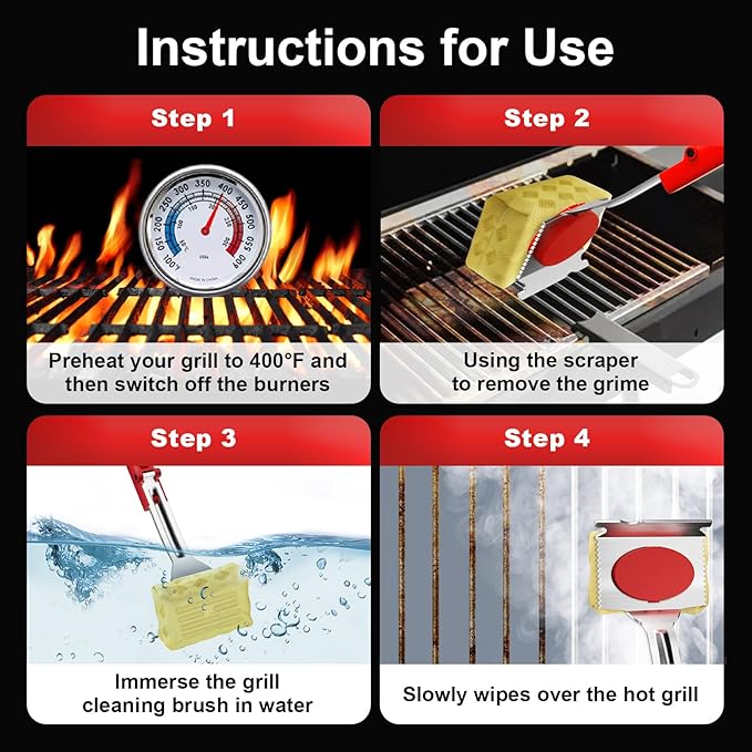 Grill Brush Bristle Free, BBQ Grill Brush for Outdoor Grill, Safe Steam Grill Cleaning Brush with Scraper, Replacement Sponge Heads, Non Metal Bristles for Cast Iron, Stainless-Steel Grates
