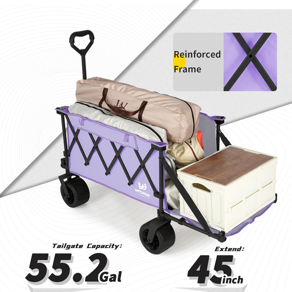 Whitsunday Collapsible Wagon with Tailgate and Big Wheel,Heavy Duty Utility Folding Wagons for Beach Camping Outdoor Purple