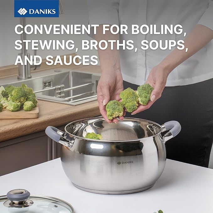 Daniks Modern Stainless Steel Stock Pot with Glass Lid – Induction 4 Quart, Dishwasher Safe, Heatproof Handles, For Soup, Pasta, Stew, Silver