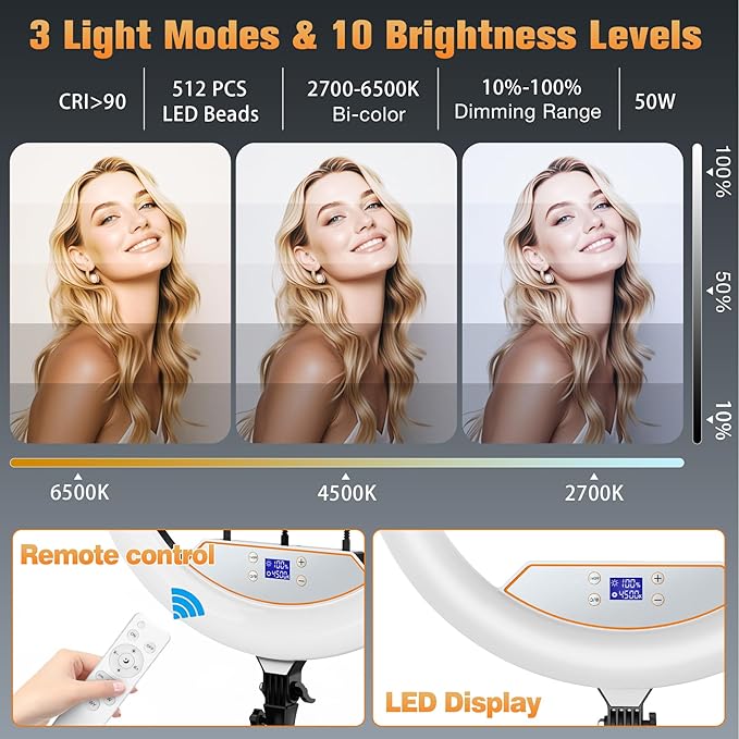 22'' Ring Light with 75'' Tripod Stand, LED Display/2 USB Ports/6500K Dimmable Ring Light for ipad Phone Holder for Tattoo Lash Live Makeup Video Recording TikTok Barber Stylist Photography