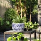 SQOWL Ceramic Pots for Plants - 10 Inch Ceramic Flower Pots with Drainage Hole and Saucer, Round Large Planter Indoor, Decorative Porcelain Planter Outdoor, Home Decor, Birthday Gifts, Blue and White