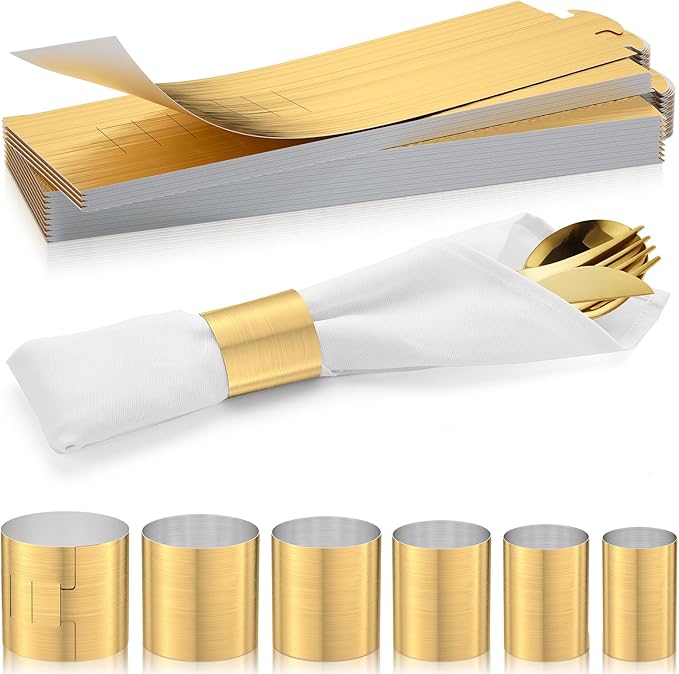 Polymer Material Reusable Napkin Band, Glue-Free Tear-Proof Water Resistant Oil-Proof Napkin Bands Set of 50(Front Brushed Gold Color and Back Silver), 6 Adjustable Sizes Napkin Rings