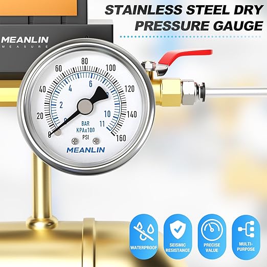 MEANLIN MEASURE 0~160Psi Dry Pressure Gauge Stainless Steel 1/8" NPT 2" FACE DIAL Waterproof for Air Compressor RV Regulator Water Pressure Tester Back Mount with 1/4" NPT and 3/8" NPT Hex Bush