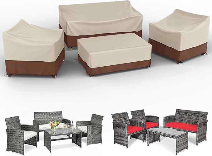 Gasadar Outdoor Furniture Cover Waterproof, Patio Furniture Set Covers for Patio Loveseat, Chair and Coffee Table, 600D Heavy Duty, Beige & Brown