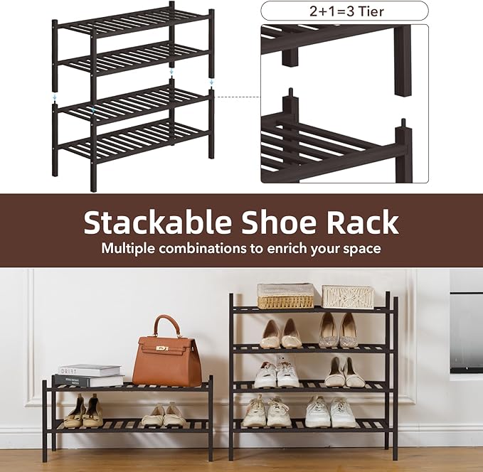 4 Tier Bamboo Shoe Rack Storage Organizer for Closet, Multifunctional Stackable Free Standing Shoe Shelf Organizer for Small Space,Entryway, Hallway, Bathroom27 x11 x26 (Brown, 4 Tier)
