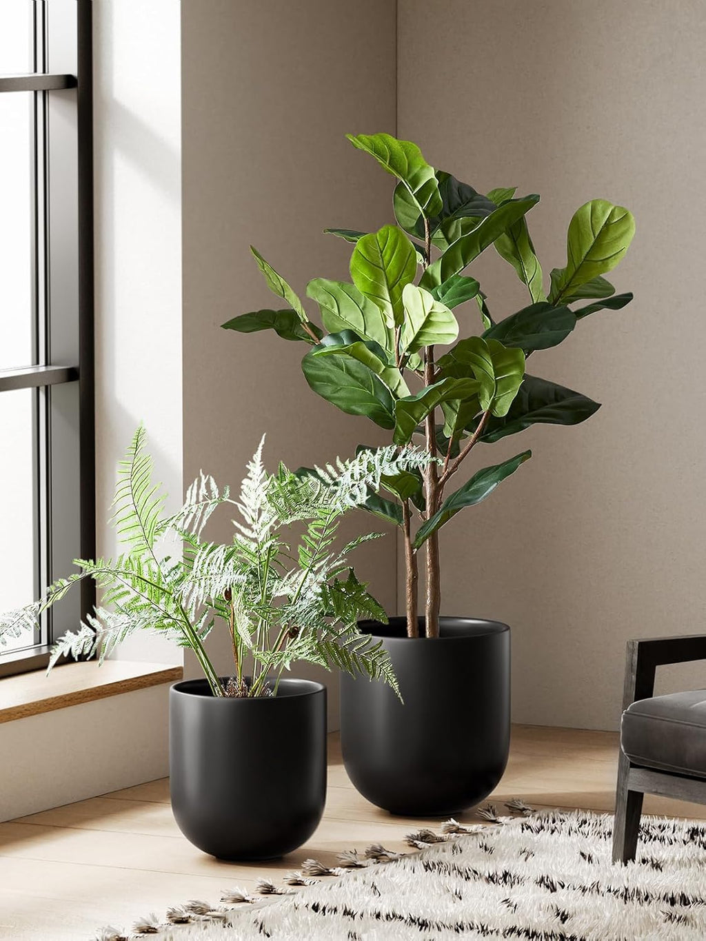 LE TAUCI 10 Inch Plant Pot, Ceramic Pots for Plants with Drainage Hole and Rubber Plug, Plant Pots Indoor for Olive Tree, Cylinder Planter Pot for Home Patio Office, Black