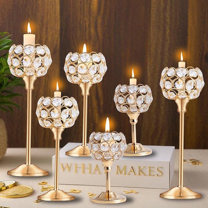 Crystal Candle Holders Set of 16 for Wedding Centerpieces Gold Or Silver Candle Holders Bulk Decorative Tealight Candle Holder for Wedding, Party,Table Centerpieces Decoration (Golden, 4Sets(12 Pcs))
