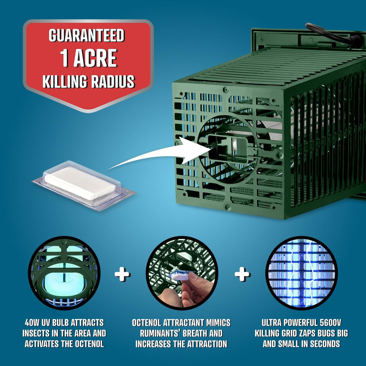 Flowtron Bug Zapper, 1 Acre of Outdoor Coverage with Powerful 40W Bulb & 5600V Instant Killing Grid, Electric Insect, Fly & Mosquito Zapper, Made in The USA - Green Color