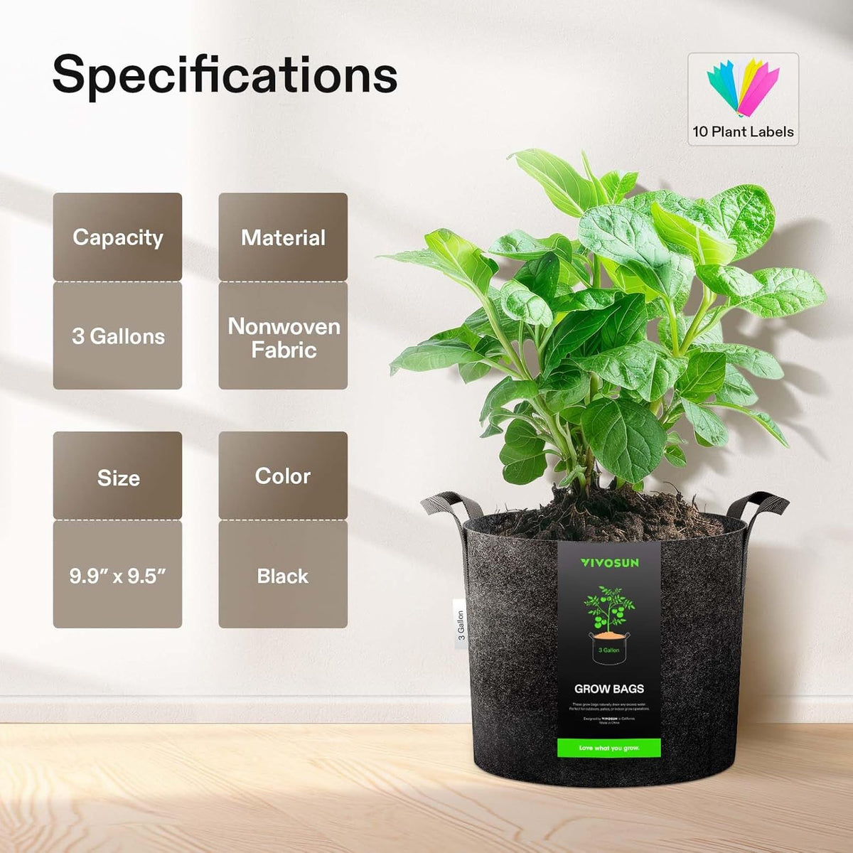 VIVOSUN 20-Pack 3 Gallon Grow Bags, Heavy Duty Thickened Nonwoven Fabric Pots with Handles for Flowers Fruits and Vegetables Black