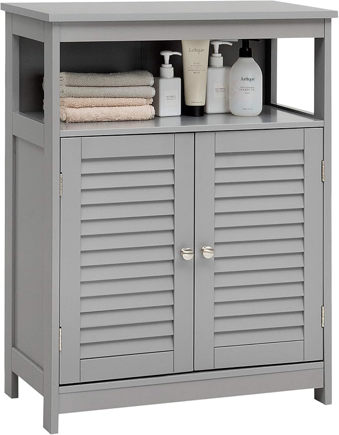 Tangkula Bathroom Floor Cabinet, Wooden Freestanding Storage Cabinet with Double Shutter Door & Adjustable Shelf, Storage Cabinet for Bathroom Living Room (Grey)