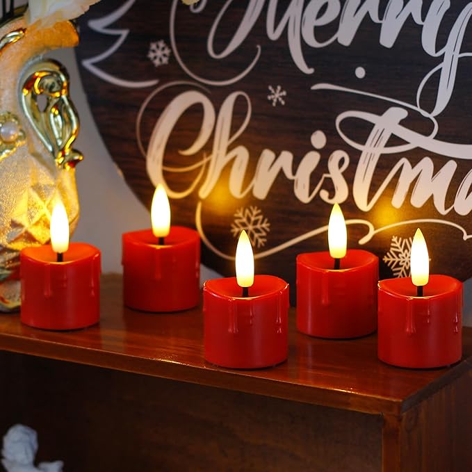 Rechargeable Flameless 1.6" x2.5" Tea Light Candles with Remote & Type-C Charging Cable, Timer LED Flickering Burgundy Plastic 6pcs Mini Dripping Wax Votive Tealight Candles