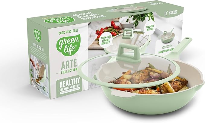 GreenLife Nonstick 12” (5QT) All in One Deep Skillet Wok with Lid, PFAS-Free Non-Toxic Ceramic Multi-Purpose Pan, Induction, All Stovetop, Egg, Stir Fry, Saute, Stay Cool Handle, Sage Green