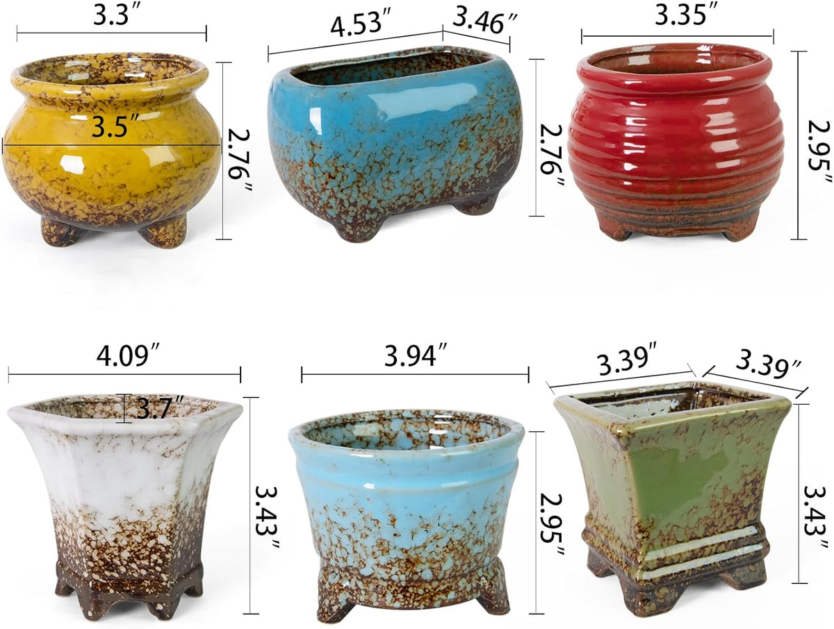 ARTKETTY Succulent Pots - Small Succulent Plant Pot with Drainage Set of 6, Ceramic Cactus Planter Pots for Indoor Unique Flower Planter Container for Home Office Decor