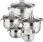 Daniks Standard 9-Piece Stainless Steel Induction Cookware Set, Saucepan, Dishwasher Safe Pots, Measuring Scale, Glass Lids, For Soup, Pasta, Stew, Silver