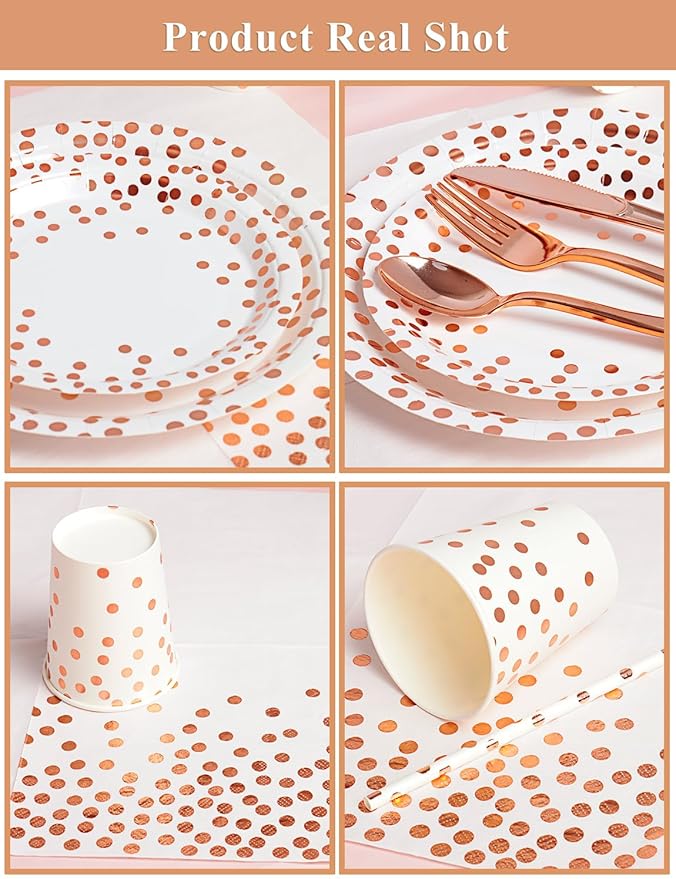 141 Pieces Rose Gold Party Supplies, Party Dinnerware Sets Include Paper Plates Napkins Cups Silverware, for Wedding Bridal Shower Engagement Birthday Parties Decoration -20 Serves
