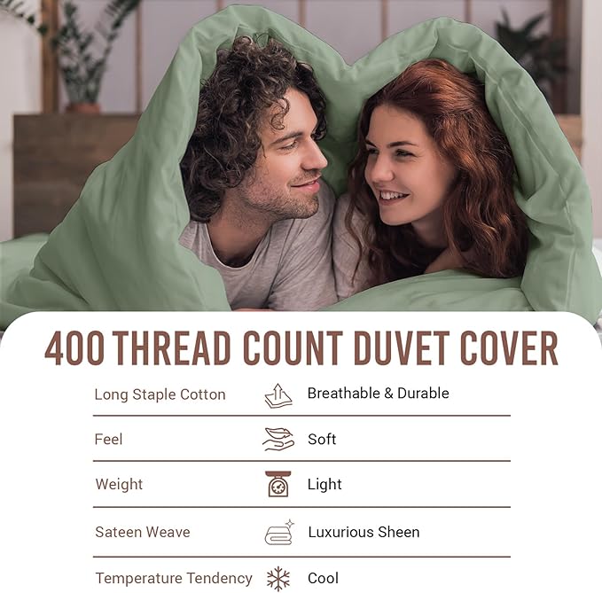 Pizuna Pure 100% Cotton Twin Duvet Cover Set, Luxurious 400 Thread Count Long Staple Cotton Sateen Weave with Button Closure (Combed Sea Foam Cotton Duvet Cover Twin)