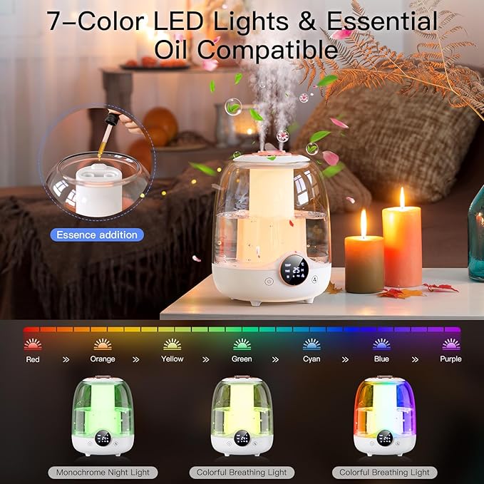 Humidifiers for Bedroom, 3L Tank for 30H 20dB Quiet Mist Time, Dual Nozzles, LED Lights, Smart Timer (2/4/8 Hours), Auto Shut-Off, Perfect for Baby and Large Rooms, (White)