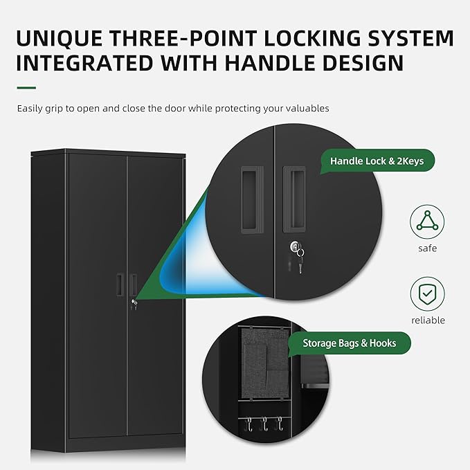 Greenvelly Metal Garage Storage Cabinet with Pegboard, 72" Locking Storage Cabinet with Doors and 4 Adjustable Shelves for Home Office,Garage,Kitchen,School,File (Black)