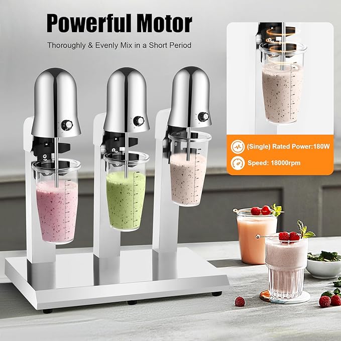 Electric Milkshake Maker, Commercial Stainless Steel Milk Shake Machine, Drink Mixers, 18000r/min & 650ml/Cup, Smoothie Milk Foam Tea Mixer Blender + 6 Cups, 180W 110V (3 Head)
