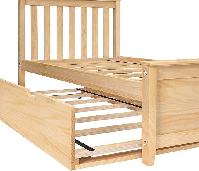 Max & Lily Twin Bed, Wood Bed Frame with Headboard For Kids with Trundle, Slatted, Natural