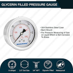 MEASUREMAN 2-1/2 inch Dial Size, Liquid Filled Pressure Gauge, 0-300psi/2000kpa, 304 Stainless Steel Case, 1/4 inch NPT Back Mount