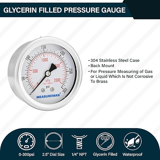 MEASUREMAN 2-1/2 inch Dial Size, Liquid Filled Pressure Gauge, 0-300psi/2000kpa, 304 Stainless Steel Case, 1/4 inch NPT Back Mount