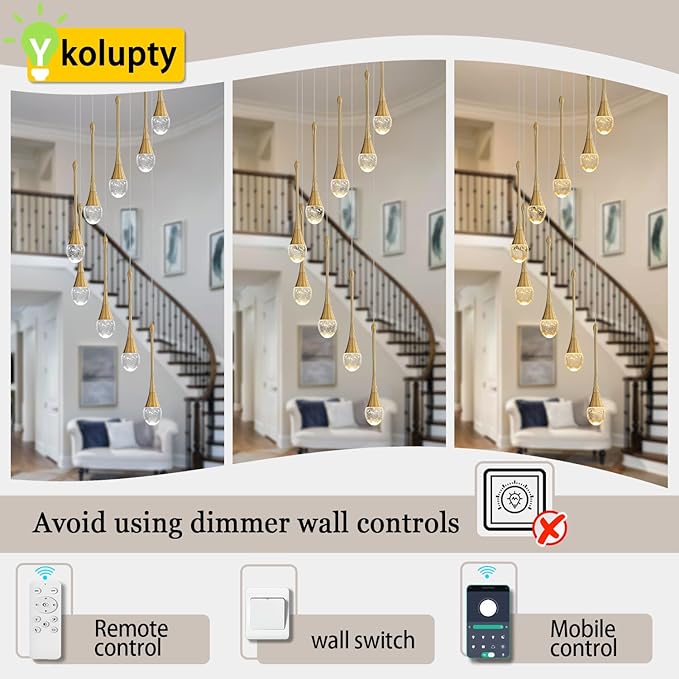 H100'' Modern Chandelier 9-Lights Gold Foyer Entrance Chandeliers High Ceiling Chandelier LED Dimmable 2700-6000K Fixtures