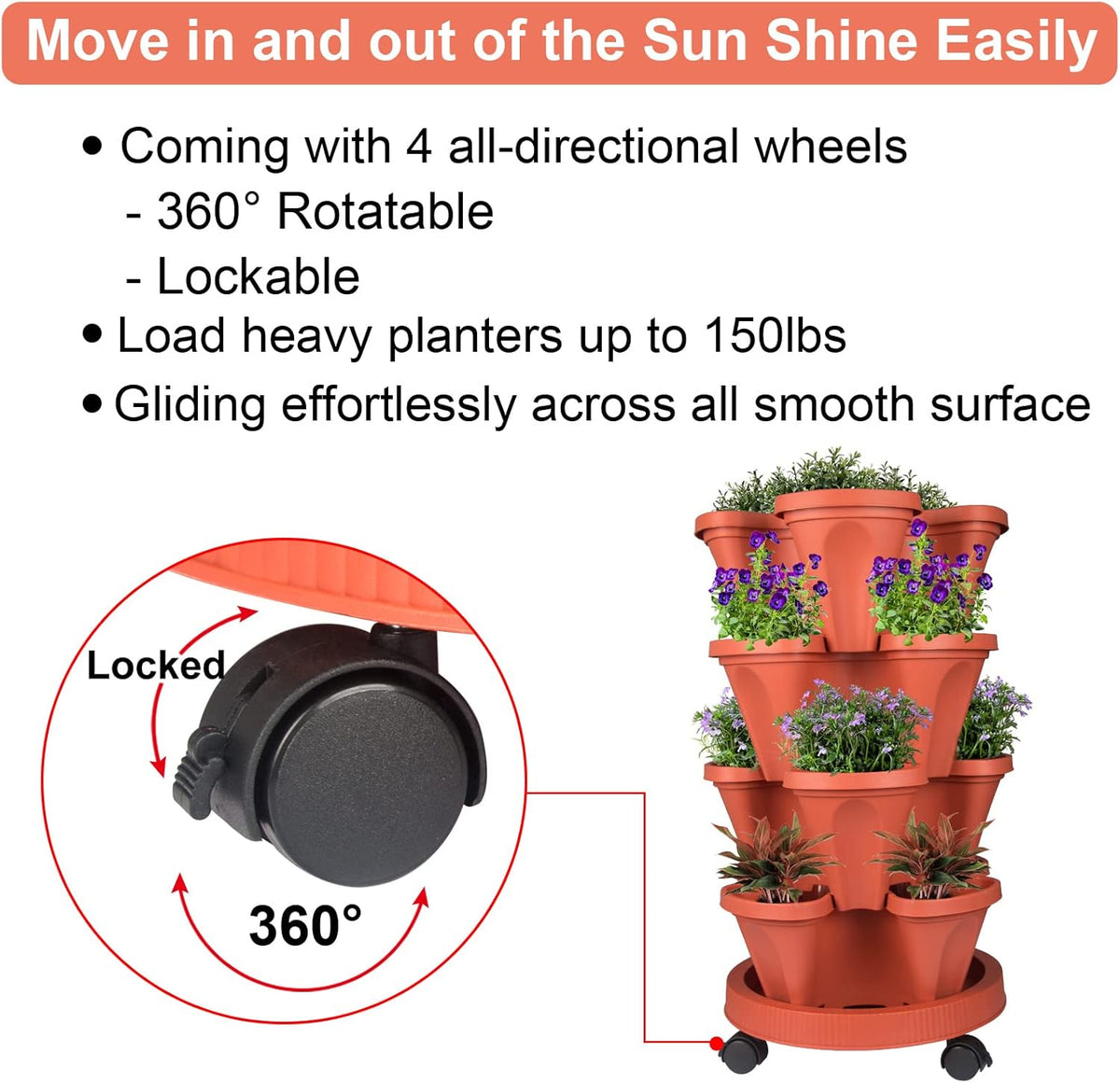 Vertical Planter 4 Tier Stackable Planters Garden Planters Strawberry Herb Flower and Vegetable Planter Indoor Outdoor Gardening Pots with Removable Wheels and Tools 2-Pack