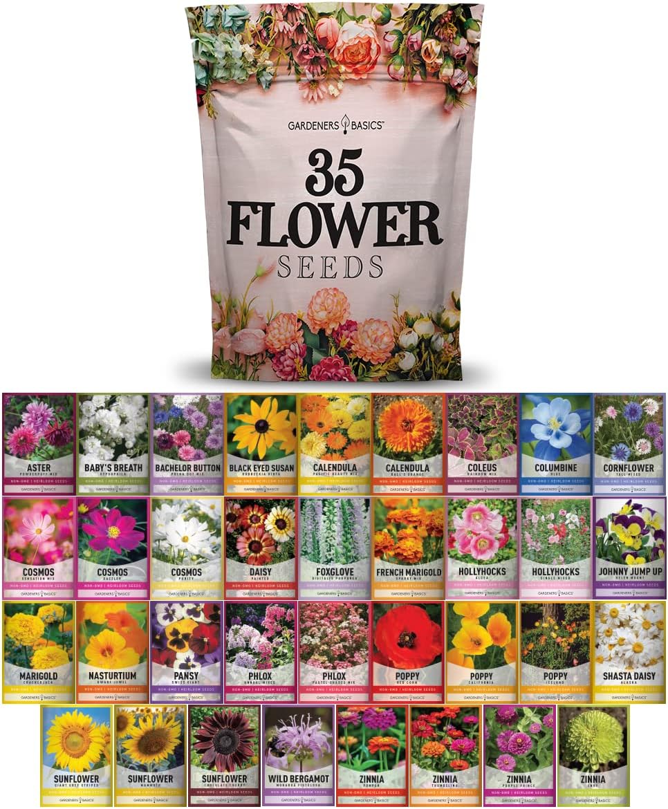 Gardeners Basics, Flower Seeds Packets for Planting 35 Individual Varieties Perennial, Annual, Wildflower Seeds for Planting Outdoors for Bees and Butterflies - Semillas de Flores Hermosas