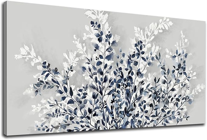 NINEASO Botanical Flowers Wall Art - Indigo Blue and White Floral Canvas Pictures Spring Blooming Painting Gray Background Printing Artwork Living Room Bedroom Home Office Wall Decor 29" x 58"