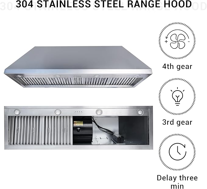CHETTO C Stainless Steel Range Hood Cover with Quiet Vent Hood Insert Custom Handcrafted Metal Kitchen Fan with Towel Rack LED Light 60"W x21"D x36"H Brushed Stainless Steel Wall Mount