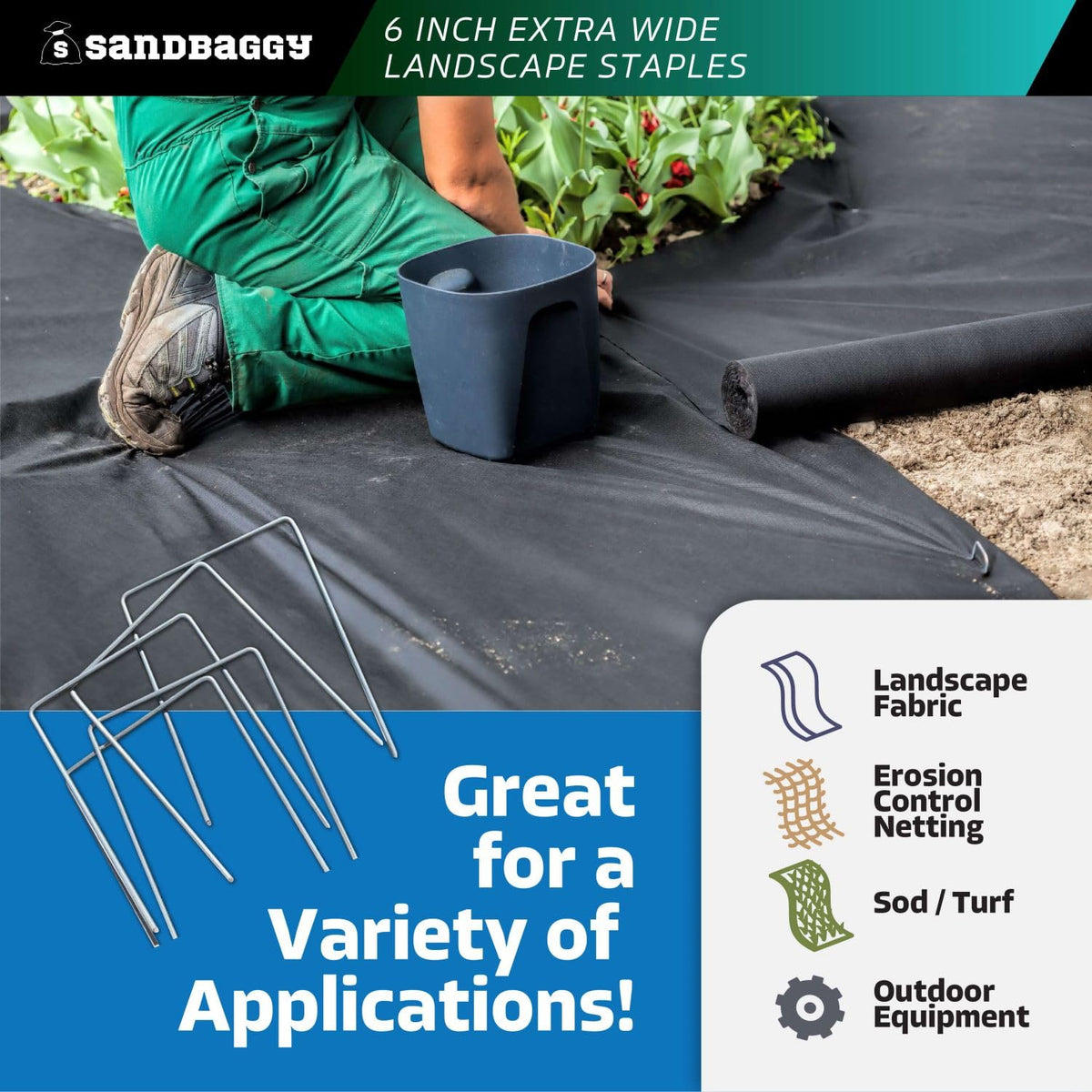 Sandbaggy 6" Wide Landscape Staples - Extra Heavy Duty: 7 Gauge Galvanized Steel - Hold Down Pipes, Landscape Fabric, Ground Cover, Erosion Control Netting, Sod, & Turf (150, 6" W x 8" L)