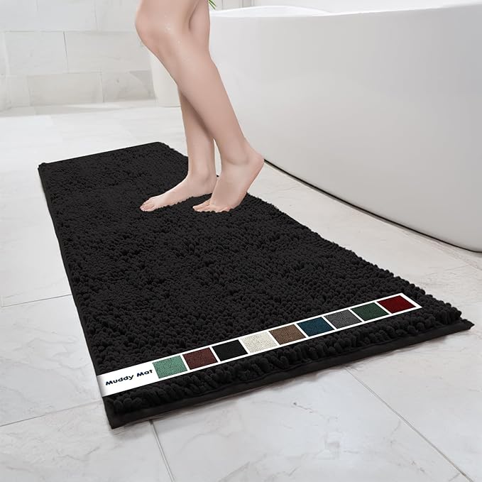 Muddy Mat Chenille Bathroom Rugs Quick Dry Microfiber Mats Non Slip Washable, Extra Thick, Soft and Highly Absorbent Bath Mats for Bathroom, Kitchen, and Shower Floor - Black Runner 59"X24"