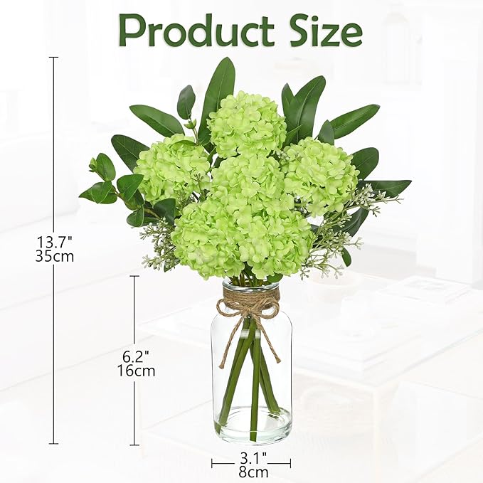 Hollyone Green Hydrangea Artificial Flowers in Clear Glass Vase with Faux Water Silk Hydrangeas Fake Flowers Floral Arrangement for Home Bathroom Kitchen Office Table Centerpiece Shelf Decorations