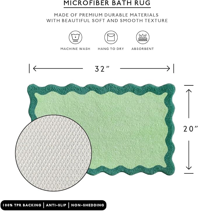 MONDAY MOOSE Bath Mat with Scalloped Wavy Ripple Design, Microfiber Absorbent Non Slip Tufted Rug for Floor, Shower or Kitchen (20x32 inch, Teal Green)