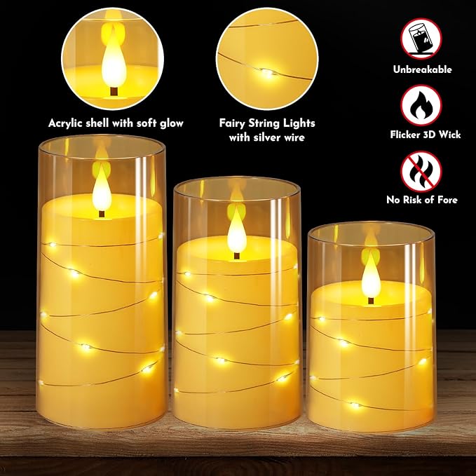 NURADA Flickering Flameless Candles: Built-in Star String Lights Acrylic Battery Operated LED Pillar Candles with Remote and Timer for Romantic Mood Home Decoration - 3 Pack Gold