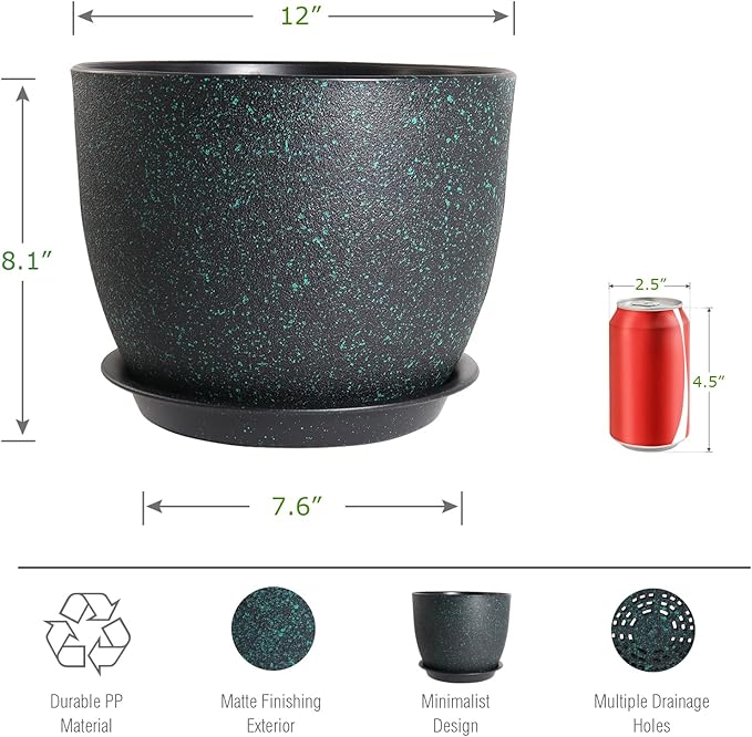 12inch Large Plant Pot, Modern Plastic Planter with High Driange Holes and Saucer for Indoor Outdoor Garden Plants and Flowers, Black with Green Speckles