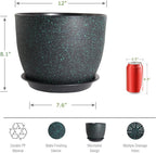12inch Large Plant Pot, Modern Plastic Planter with High Driange Holes and Saucer for Indoor Outdoor Garden Plants and Flowers, Black with Green Speckles