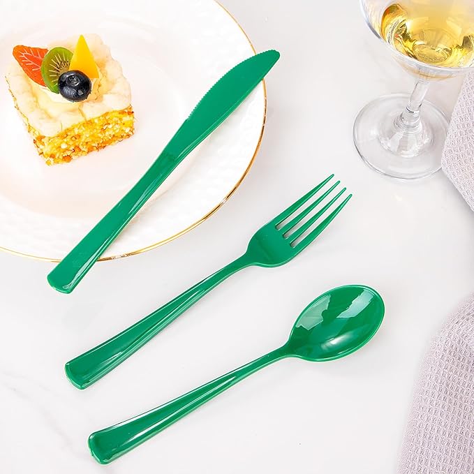 Heavy Duty Christmas Silverware - WDF 160 Pcs, Green Plastic Includes 80 Forks, 40 Spoons, 40 Knives; Perfect for Parties or Daily Use