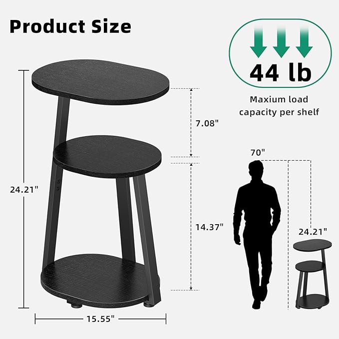 Side Table, Small End Table with Metal Frame, 3-Tier Bedside Tables, Round Side Tables for Living Room Bedroom Couch Bathroom, Oval, Pure Black