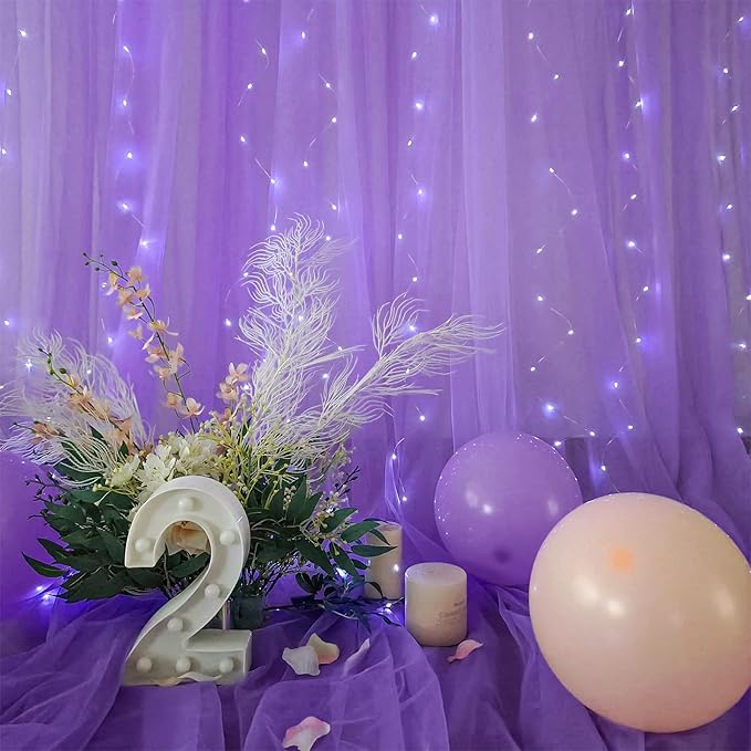 Purple Backdrop Curtains with Lights String for Wedding Birthday Party 10ft×10ft Sheer Tulle Backdrop Curtain for Bridal Shower Baby Shower Photo Shoot Background Wall Decorations 2 Panels 5×10ft