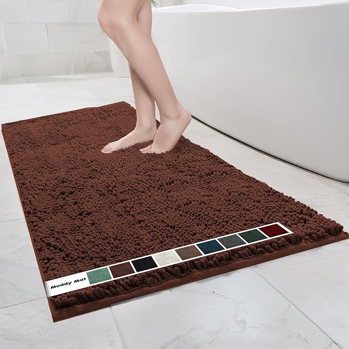 Muddy Mat Chenille Bathroom Rugs Quick Dry Microfiber Mats Non Slip Washable, Extra Thick, Soft and Highly Absorbent Bath Mats for Bathroom, Kitchen, and Shower Floor - Brown XL 59"X35"