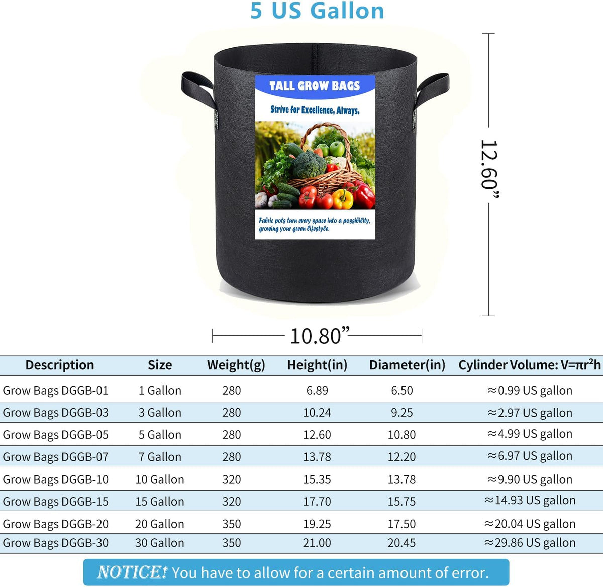 5 US Gallon 8 Pack Tall Grow Bags for Vegetables, Heavy Duty Nonwoven Aeration Fabric Deep Grow Pots with Handles