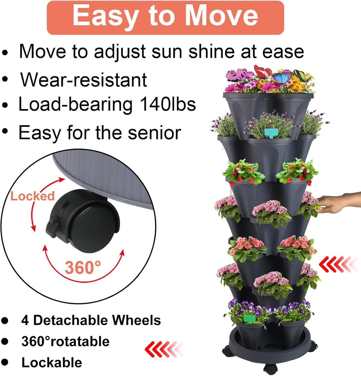 Vertical Planter, 7 Tier Stackable Strawberry Planter with Garden Tool Set, Movable Indoor/Outdoor Garden Herb Pot for Growing Vegetables and Succulents, Dark Gray