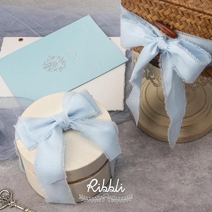 Ribbli 3 Rolls Light Blue Ribbon 1.5 Inch x 18Yards Handmade Cotton Frayed Fringe Ribbons for Gift Wrapping Wedding Invites Bridal Bouquets Baby Shower DIY Crafts Home Decor