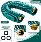 Pangda 100 Ft x 3/8'' Coil Garden Hose EVA Recoil Garden Self Coiling Expanding Water Hose with 6 Function Spray Nozzle Universal 3/4'' Brass Connector Fitting for Outdoor Yard(Green)