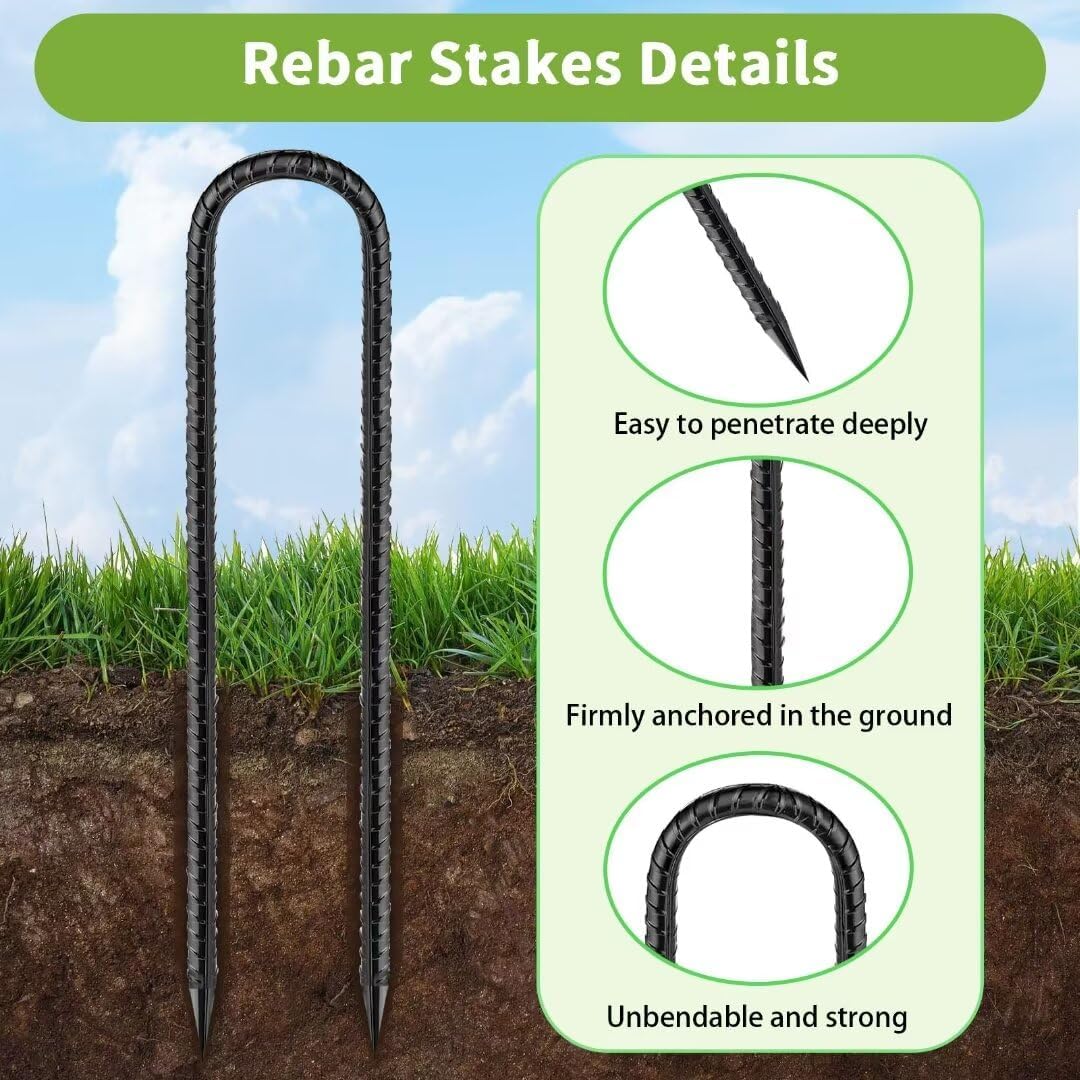 Ground-Stakes-Heavy-Duty-12 inch, U-Hook Rebar Stakes Black Coated Anti-Rust 10pcs Garden Stakes Metal Ground Anchors for Garden Dog Fence Chicken Coop Christmas Decorations Deer Fence