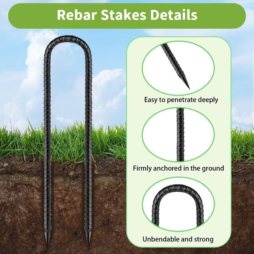 Rebar-Stakes-12-Inch, Ground Stakes Heavy Duty U-Hook Black Coated Anti-Rust Heavy Duty Ground Anchors for Garden Dog Fence Chicken Coop Christmas Decorations Deer Fence 4pcs