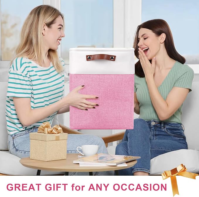 Large Fabric Storage Baskets | 50L Storage Bins, Decorative Linen Closet Baskets with Handles for Organizing, Shelf, Toys, Clothes, Home, Office, Nursery, 17x12x15Inches (Pink&White)
