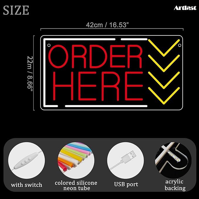 Order Here Neon Sign Red Light Up Order Here Sign for Store Supermarket LED Lights Order Decor Neon Lights Sign for Business Bar Shop Wall Decor